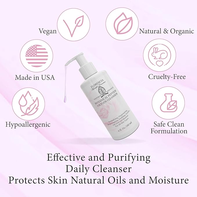 Florencia Botanical Peptide Oxygen Cleanser - Oil-Free Daily Foaming Gel Face Wash for Dry, Oily, or Sensitive Skin - With Peptides, Botanicals, Glycoproteins - Revitalizing Cleanser, 6 oz