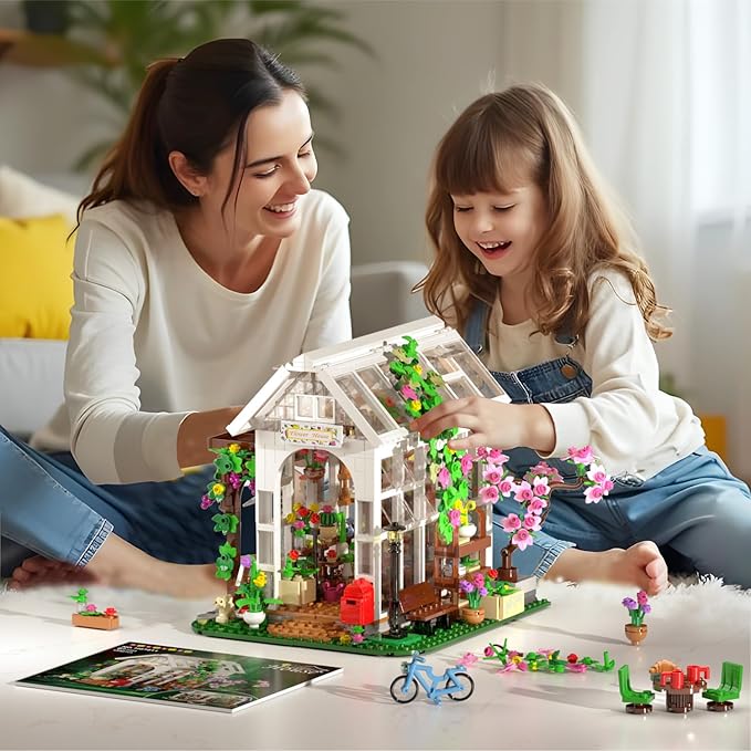 HOGOKIDS Flower House Building Set with LED Light - 1332 PCS Garden House Buiding Toy with Flowers Potted Plants Parrot Cat Animals Playset Greenhouse Model Xmas Gift for Adults Teens Girls Ages 8+