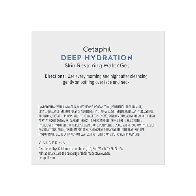 Cetaphil Deep Hydration Skin Restoring Water Gel with Hyaluronic and Polyglutamic Acid, Face Moisturizer, 72 Hour Hydration, For Dry, Dehydrated Sensitive Skin, Fragrance Free, 1.7 oz, Fragrance Free