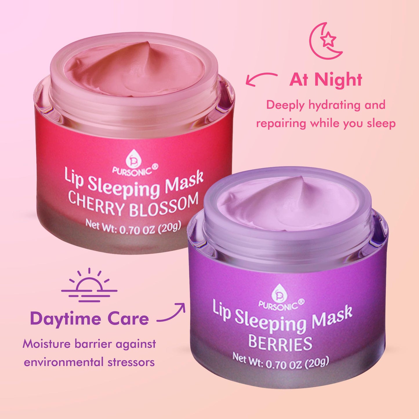 PURSONIC Lip Mask Overnight for Ultimate Lip Care - Hydrating Lip Moisturizer for Plump Lips Infused with Double Flavor Cherry Blossom and Berries - 2 Packs