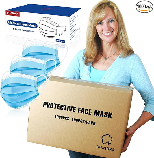 DR.MOXA 1000 Pack Disposable Medical Face Masks (10 Boxes, 100pcs/Box) Wholesale Bulk Masks for Protection Blue