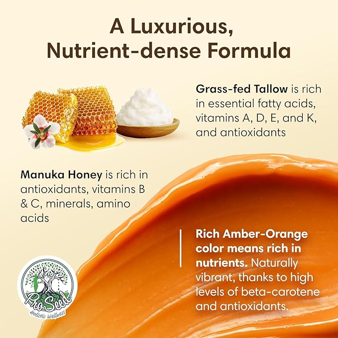 Manuka Honey Unwhipped Tallow Balm – Handmade Grass-Fed Beef Tallow with Frankincense, Vitamin E, Castor Oil, Buah Merah & Turmeric – Hydrates & Nourishes Skin for Men, Women & Kids – 2oz Glass Jar