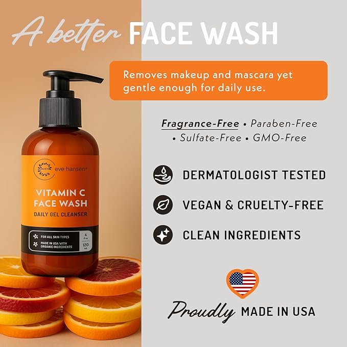 Vitamin C Cleanser Face Wash | Anti Aging Facial Cleanser for Fine Lines, Age Spots, Dark Circles | Cruelty Free Skin Care Cleansing Gel with Aloe Vera, Vitamin E (4 oz)