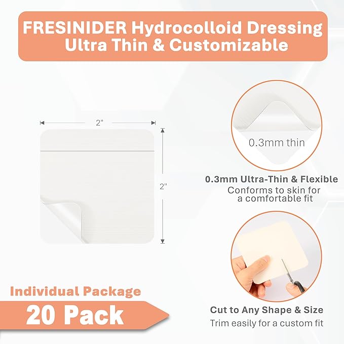 Hydrocolloid Wound Dressing 2" x 2" – 20 Pack Ultra Thin Self-Adhesive Bandages for Wound Care, Bed Sores, Acne, Blisters – Waterproof & Absorbent Hydrocolloid Patches for Faster Healing