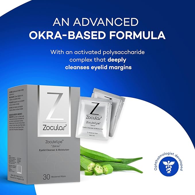 Zocuwipe Eyelid Wipes with Natural Okra Complex - Eyelid Cleanser and Moisturizer Pads for Irritated, Red Eyes from Dry Eye, Blepharitis 30ct