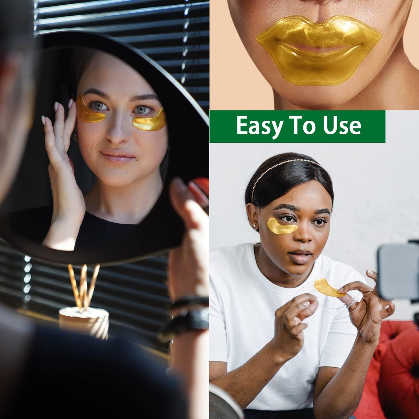 24K Gold Gel Crystal Collagen Eye and Lip Mask Set, 15 Pairs Gold Eye Mask & 15 Pcs Gold Lip Mask for Moisturizing, Collagen Under Eye Mask for Dark Circles Puffiness and Wrinkles