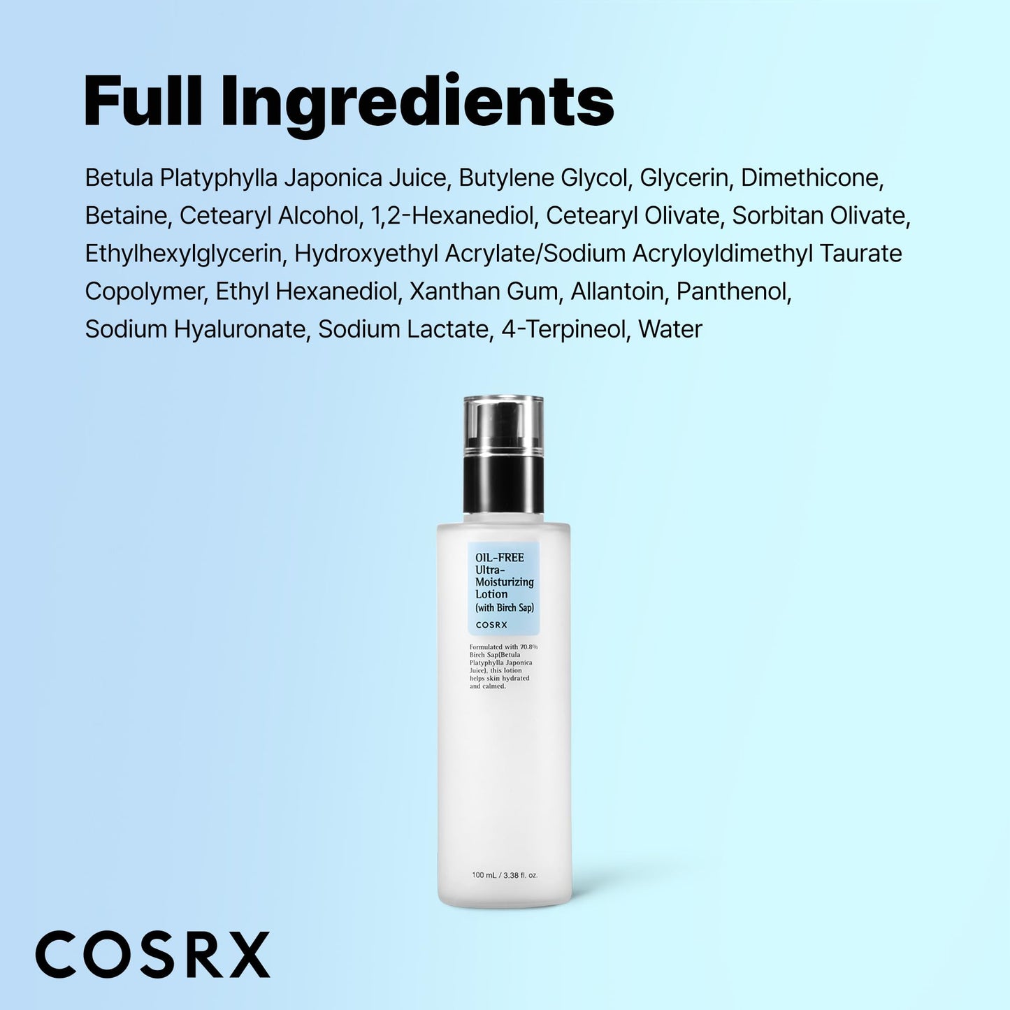 COSRX Oil Free Lotion with Birch Sap, Daily Acne Facial Moisturizer, Hydrating Moisturizer for All Skin Types, Korean Skin Care, Paraben free, 3.38 fl.oz / 100ml