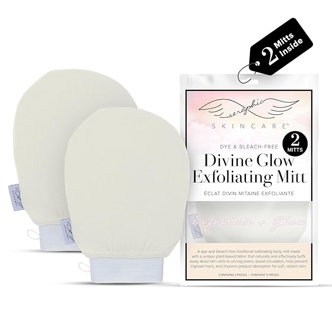 Seraphic Skincare Divine Glow Exfoliating Mitt (2pcs) – 100%, Dye-Free, Bleach-Free Vegan Viscose Korean Exfoliating Glove – Body Exfoliator for Self-Tan Removal & Keratosis Pilaris