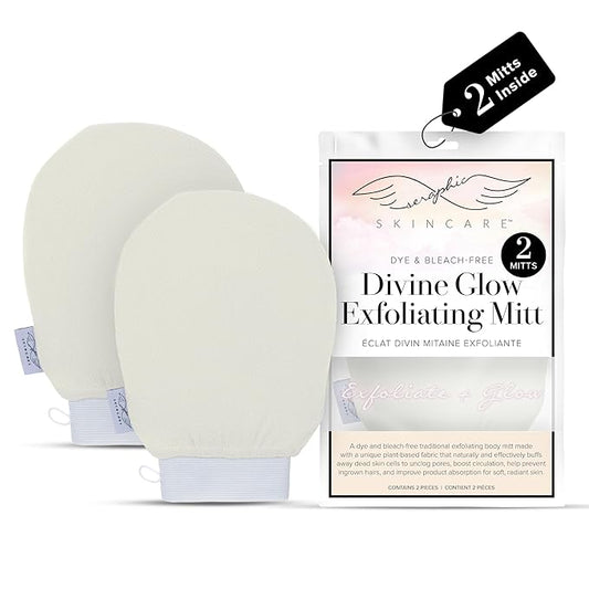Seraphic Skincare Divine Glow Exfoliating Mitt (2pcs) – 100%, Dye-Free, Bleach-Free Vegan Viscose Korean Exfoliating Glove – Body Exfoliator for Self-Tan Removal & Keratosis Pilaris