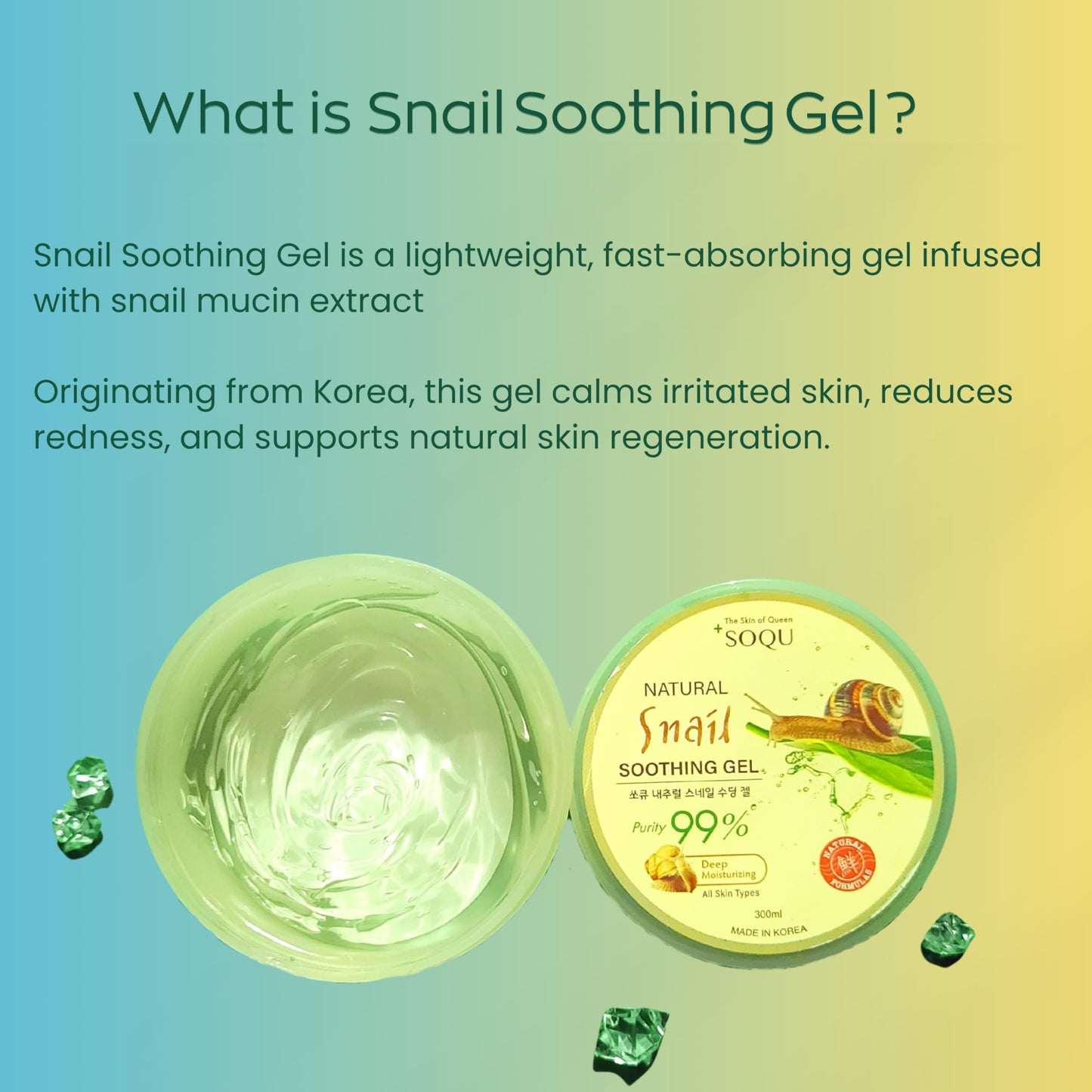 SOQU Natural Snail Soothing Gel – Korean Skincare for Glowing Skin, Hydrating and Soothing Gel for Face and Body, Made in Korea, 300ml / 10.56fl.oz