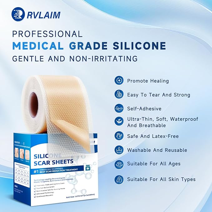 Silicone Scar Sheets, Silicone Scar Tape(1.8” x 157” Roll 4M), Silicone Scar Sheets for Surgical Scars, Keloid Bump Removal, Stretch Marks Removal, C-Section, Burn et