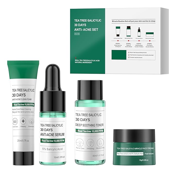 Tea Tree Salicylic Acid Facial Skin Care Set, Travel Size Gift Set Cystic Hormonal Acne Treatment Face Wash Cleanser, Facial Toner Cream Moisturizer Travel Essentials for Pimple Adult Oil Control Kit