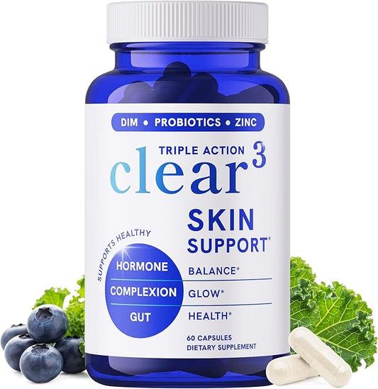 Clear Skin Acne Supplement with Zinc, DIM & Probiotics | 3-in-1 Balance, Clarify, Restore Support with Hyaluronic Acid & Skin Support Vitamins | for Women & Men | Oral Hormonal Acne Pills | 60 Ct