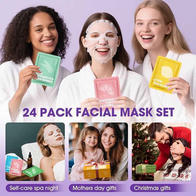 24 Pack Sheet Hydrating Face Masks Skincare, Soothing & Moisturizing Face Mask for All Skin Types, Bulk Collagen Face Mask for Women Skin Care, Facial Masks Set Spa Gifts for Women