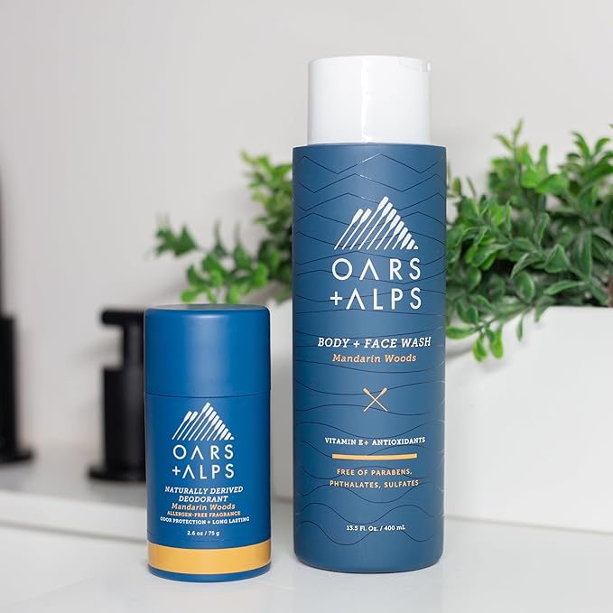 Oars + Alps Mens Moisturizing Body and Face Wash, Skin Care Infused with Vitamin E and Antioxidants, Sulfate Free, Mandarin Woods, 13.5oz, 2 Pack
