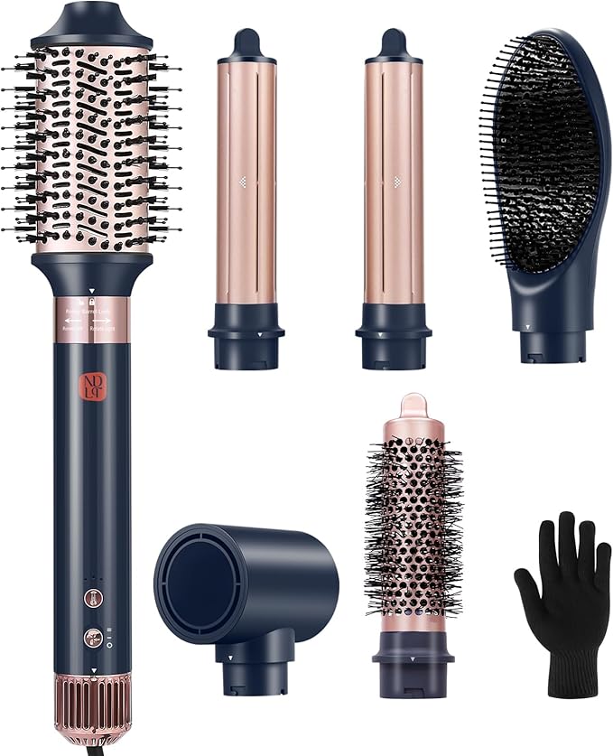 6 in 1 Air Styling Hair Styler, NDLT High Concentration of Negative Ions Hair Dryer, Blow Dryer Brush, Straightening Brush, Curling lron, Round Brush for Fast Drying Curling Straightening & Smoothing