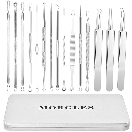 MORGLES 15 Pcs Pimple Popper Tool Kit, Stainless Steel Blackhead Remover Comedone Extractor Tools with Metal Case for Blemish, Acne, Zit, and Whiteheads for Face & Nose