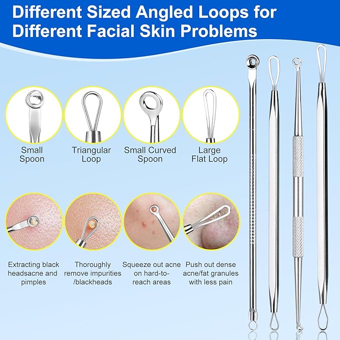 Pimple Popper Tool Kit,10 Pcs Professional Blackhead Remover Comedones Extractor for Easy Removal for Pimples,Blackheads,Zit Removing, Facial and Nose, Acne Removal Kit with Metal Box (Silver)