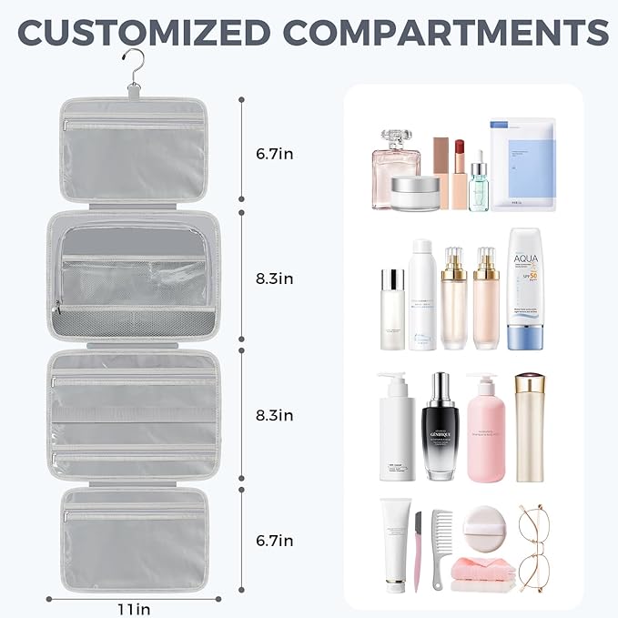 Toiletry Bag For women,Portable Hanging Organizer,4 Leakproof Compartment for full-sized Conditioner, Brushes Set, Makeup Accessories,Visible and easy to access.M-blue