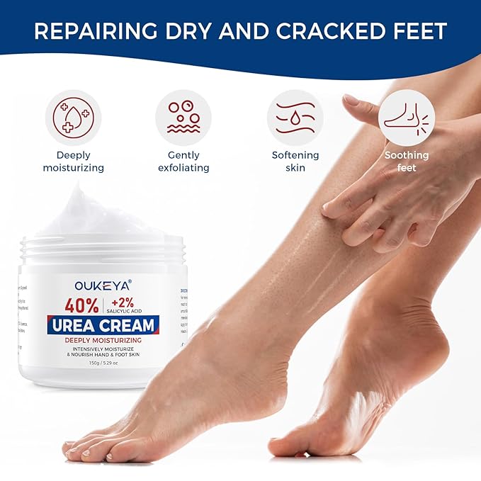 OUKEYA NEW FORMULA Urea Cream 40% Plus 2% Salicylic Acid for Feet Maximum Strength, Dry Cracked Hand Heel Moisturizing Repair Lotion for Knees, Elbows, Removes Corns, Dead Skin Cream, 5.29 oz