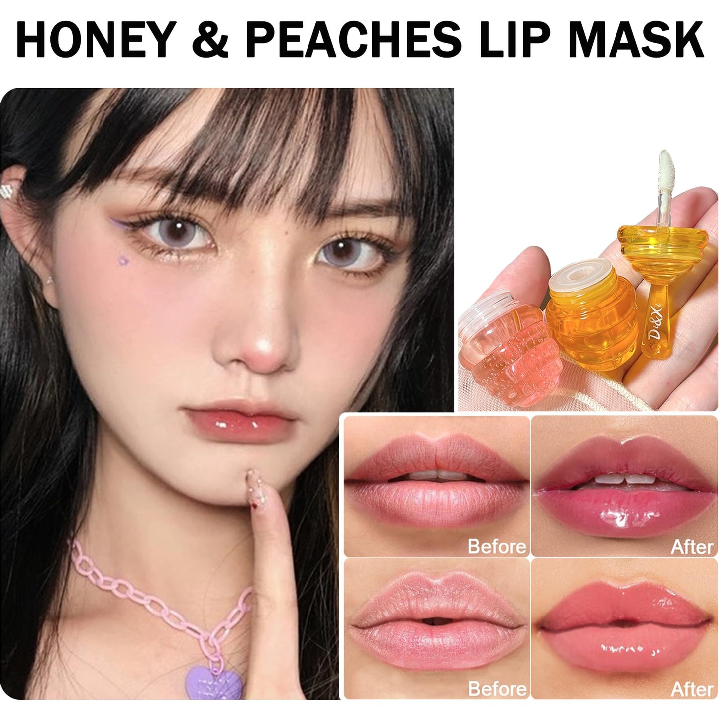 2 PCS Moisturizing Honey Pot Lip Oil Lip Gloss, Natural Honey Sleeping Lip Mask, Lip Balm, Hydrating & Prevention Dry & Cracked Lip Scrubs Exfoliator, Winter Lip Care Products(Peach+Honey)