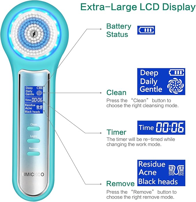Face Scrubber Exfoliator,Facial Cleansing Brush Waterproof with LCD Screen,Blackhead Remover Vacuum with 5 Brush Heads,Face Spin Brush for Exfoliating (Blue-Blue)