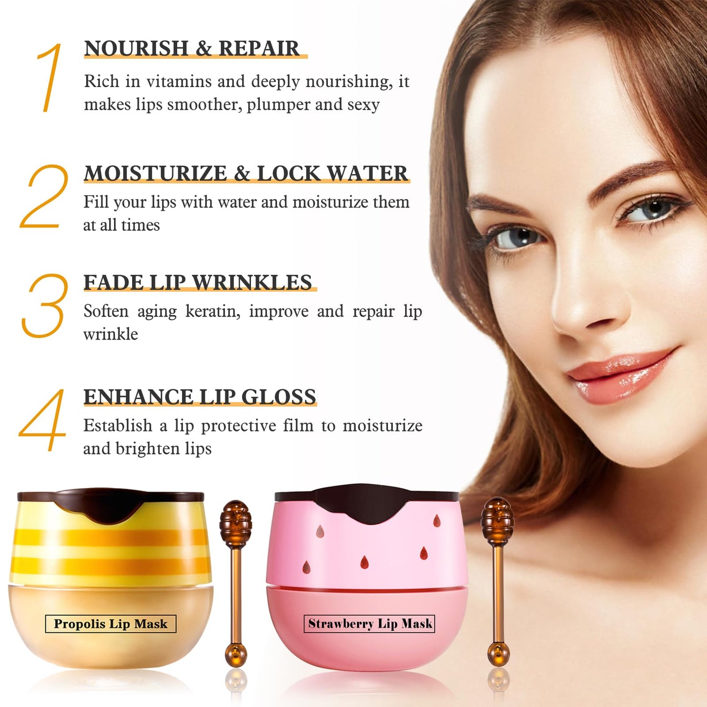 4 PCS Honey Lip Balm Pot, Strawberry & Honey Lip Mask, Reduces Lines, Hydrate & Moisturizing Skin Care, Prevention Dry Cracked Lips Repair Treatment