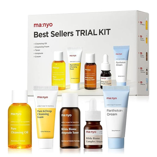 ma:nyo Best Sellers Kit | Travel size Trial & Gift Set | Pure Cleansing Oil, Pure Cleansing Foam, Bifida Biome Ampoule, Bifida Biome Toner, Panthetoin Cream | Korean Skin Care, Skin Repair Solution