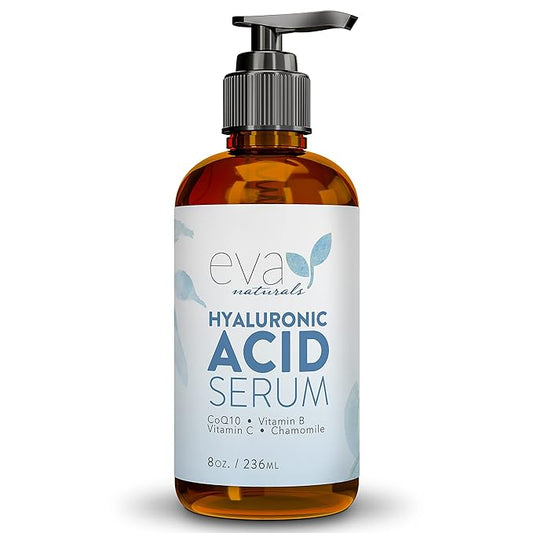 Eva Naturals Anti-Aging Hyaluronic Acid Serum For Face - Professional & Potent Hydrating Anti-Wrinkle Formula For Fine Line & Uneven Skin Tone - Contains Vitamin C, B, & E, Paraben Free (8 Oz)