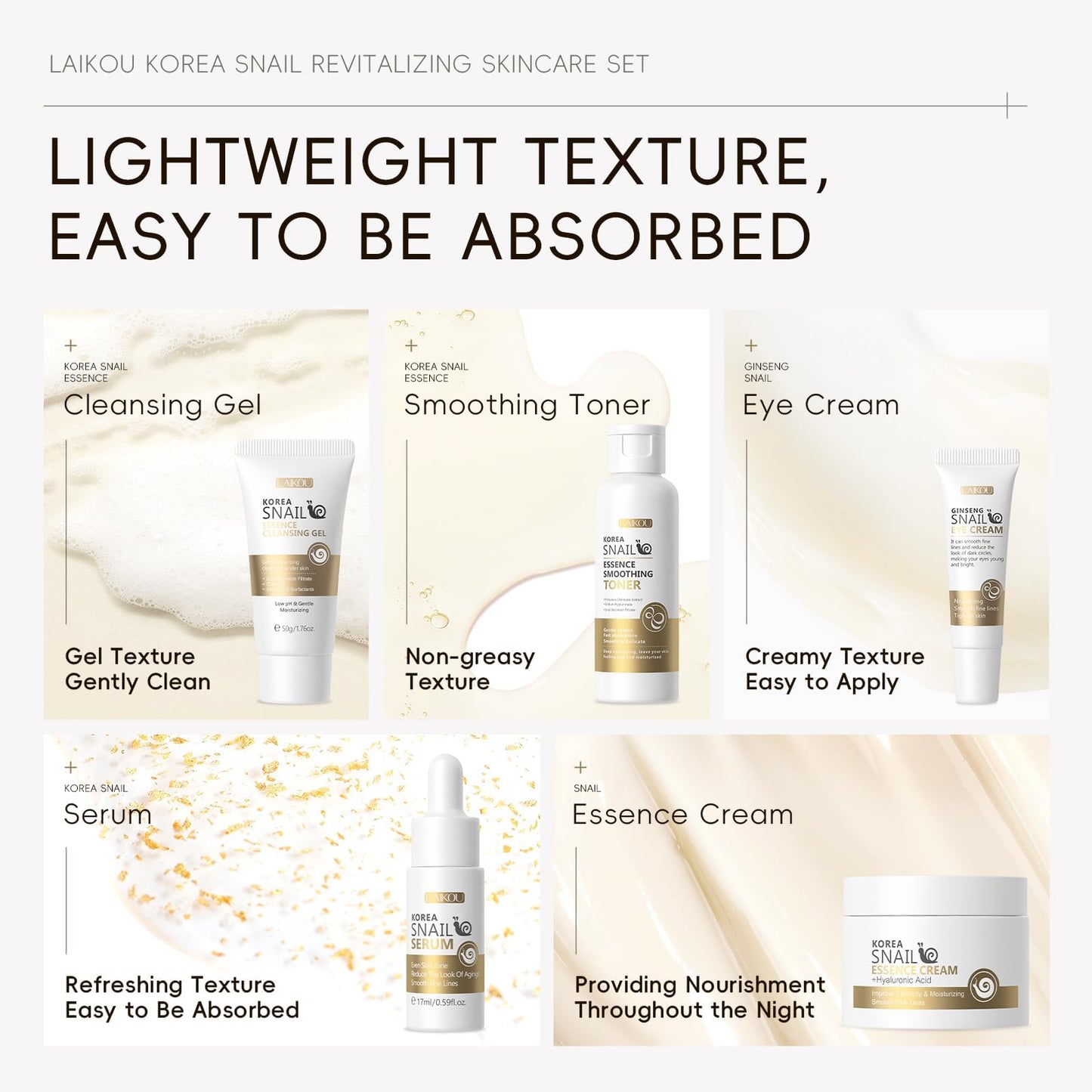 LAIKOU Korean Skin Care, Skin care set, Skin Care Kit Snail and Ginseng with Cleansing Gel, Toner, Eye Cream, Serum, Essence Cream 5pcs for Women Teen Girls Mom Daughter Mother's Day Birthday