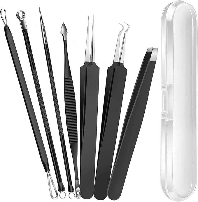 Teenitor Blackhead Remover Tools, Pimple Popper Tool Kit, Ingrown Hair Tweezers, Precision Tweezers, Surgical Grade Blackhead Extractor Pimple Extractor, Black