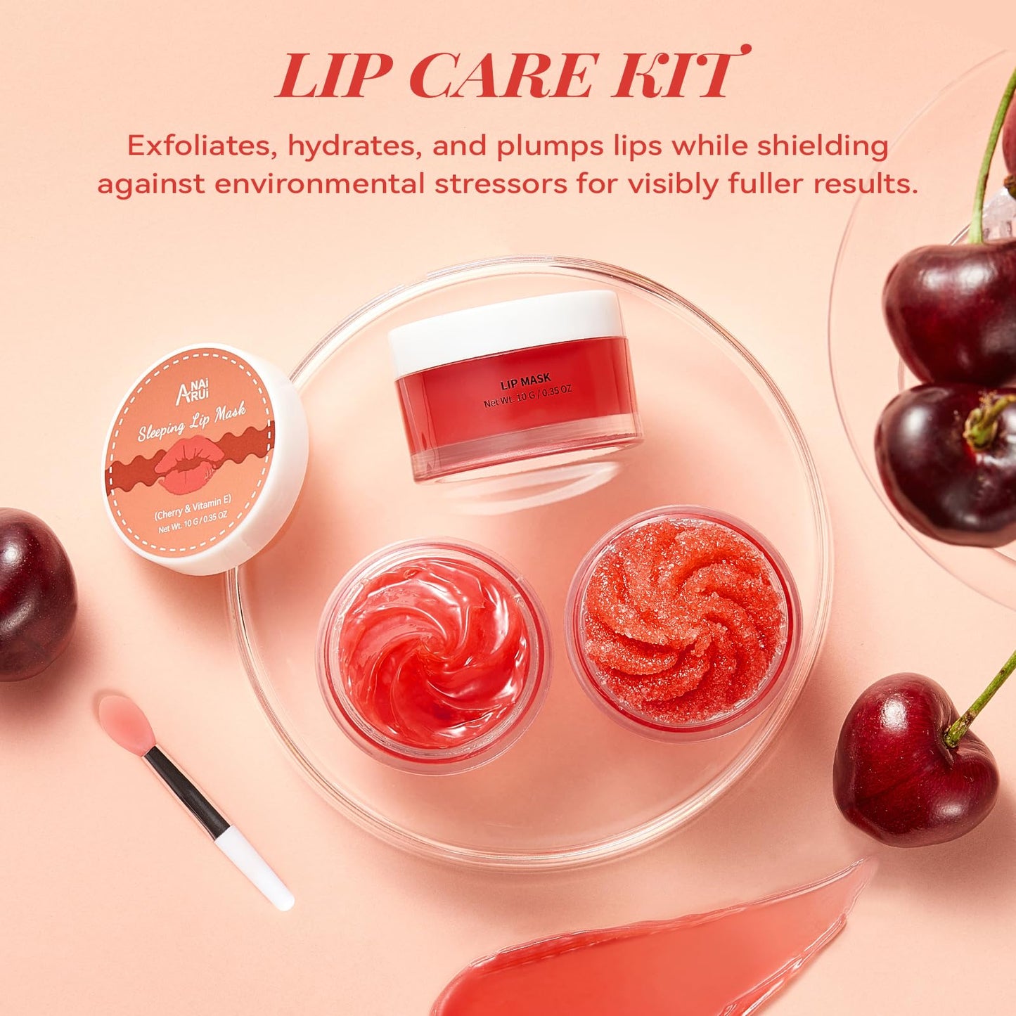 ANAI RUI Cherry Lip Scrub & Lip Mask Set with Vitamin E, Hyaluronic Acid & Shea Butter, Lip Scrubber Exfoliator, Hydrating Lip Mask Overnight, Sugar Scrub for Dry Chapped Lips, Lip Gift Set for Women