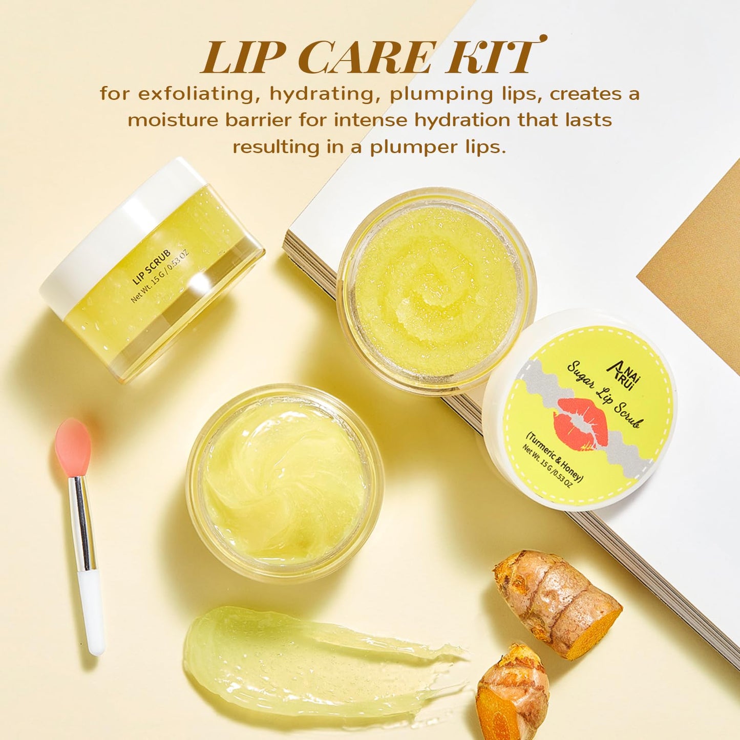 ANAI RUI Lip Care Kit - Sugar Scrub Set, Sleeping Mask & Exfoliator - Overnight Skin Treatment - Scrub & Moisturizer for Dry Chapped Cracked Peel Lips (Turmeric+Honey)
