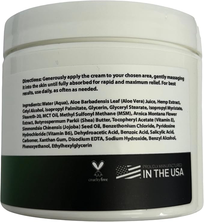 Hemp Relief Cream - May Help with Neuropathy, Muscles, Joints, Neck, Back, Elbows, Hands, Feet, and Knees - Proudly Made in USA (6000mg) New 4 OZ Size.