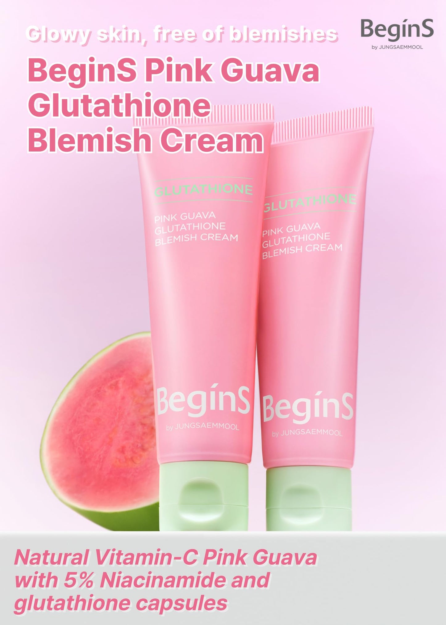 BeginS by JUNGSAEMMOOL Pink Guava Glutathione Blemish Cream 1.7 Fl Oz, Facial Moisturizer with 99% Pure Glutathione, Niacinamide and Vitamin C, Lightweight Hydration, Korean Skincare for Daily Use