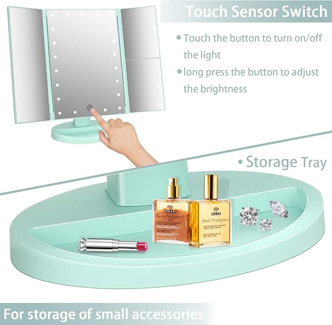 deweisn Tri-Fold Lighted Vanity Tabletop Mount Mirror with 21 LED Lights, Touch Screen and 3X/2X/1X Magnification, Two Power Supply Mode Make up Mirror,Travel Mirror