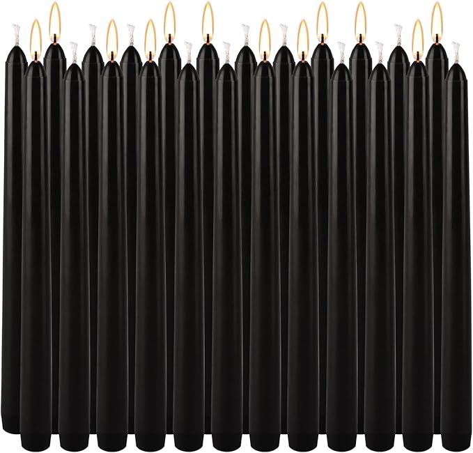 24 Pack Black Taper Candles, 7-8 Hours Burn Time, Unscented, Smokeless and Dripless, 10 Inch Dinner Candle Set for Household, Wedding, Party and Home Décor Candlesticks.