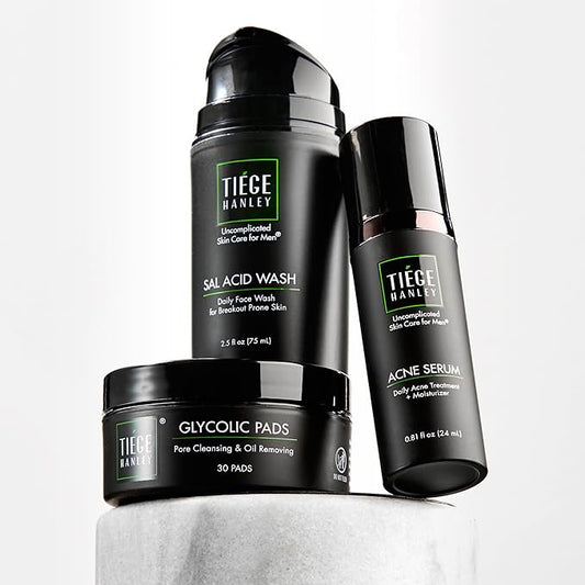 Tiege Hanley Men's Acne Treatment System (Level 1), TiegeClear Acne Essentials Routine for Smooth & Hydrated Skin - Includes Sal Acid Wash, Glycolic Acid Pads, and Acne Serum - All Skin Types