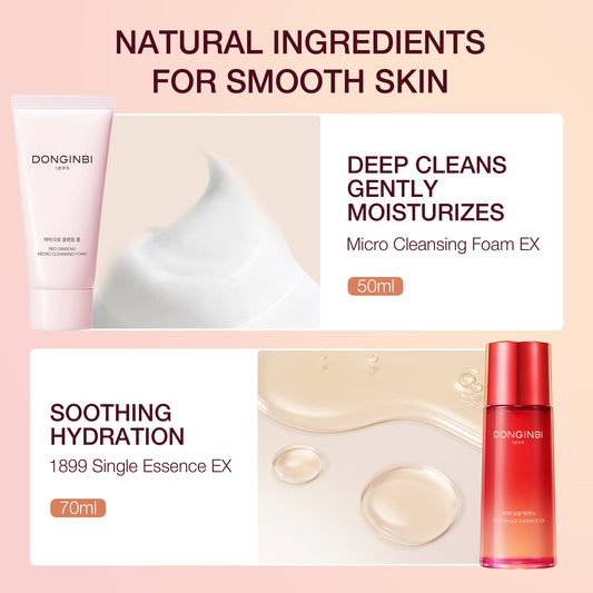 Donginbi Red Ginseng Essential Skin Care Set - Firming Moisturizer(1.69 floz), Hydrating Toner(2.37 floz), Korean Red Ginseng Essence(2.37 floz), Pore Cleaner(1.69 floz), Korean Skin Care