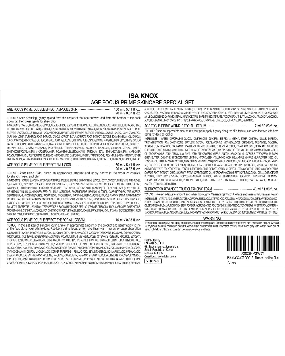 ISA KNOX AGE FOCUS PRIME DOUBLE EFFECT SKINCARE (417 ml / 14.10 Fl Oz) - Korean Skincare, Lightweight but Nourishing by LG BEAUTY. Toner, Emulsion Lotion, Serum, Cream, Cleansing Foam.