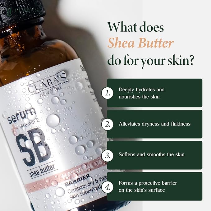 CLARA'S NEW YORK Super Food Shea Butter Facial Serum with Vitamin E to Moisturize and Heal, for Dry and Flaky Skin, 30ml /1Fl oz - Made In USA