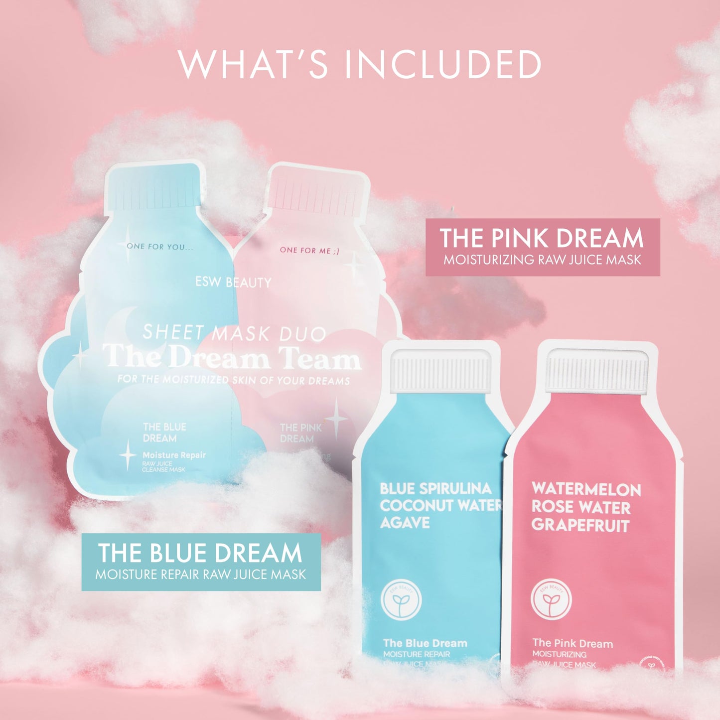 ESW Beauty The Dream Team Face Mask Duo – Hydrating & Moisture Repair Skincare Set – Includes The Pink Dream & Blue Dream – Vegan, Cruelty-Free, Clean Skincare for Glowing Skin