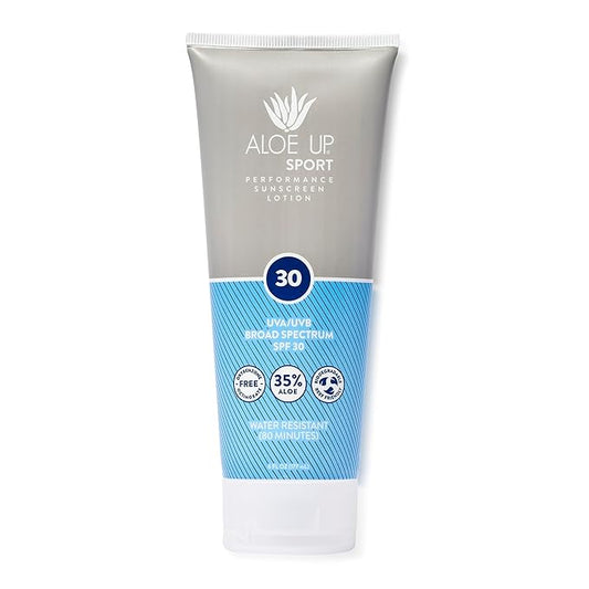 Aloe Up Sport Sunscreen Lotion SPF 30 - Broad Spectrum UVA/UVB Sunscreen Protector for Face and Body - With Hydrating Aloe Vera Gel - Non-Greasy No White Cast Reef Safe Fragrance-Free - 6 Oz.