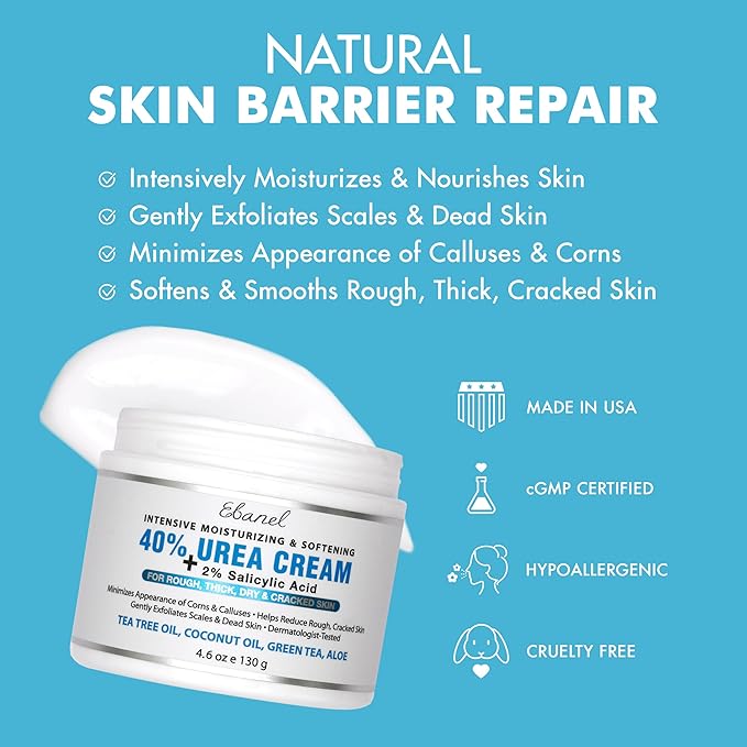 Ebanel Urea Cream 40% plus Salicylic Acid 2%, Foot Cream for Dry Cracked Heels Feet Knees Elbows Hands, Foot Dead Skin Cuticle Callus Remover Toenail Softener, Keratolytic Skin Barrier Repair, 3-Pack