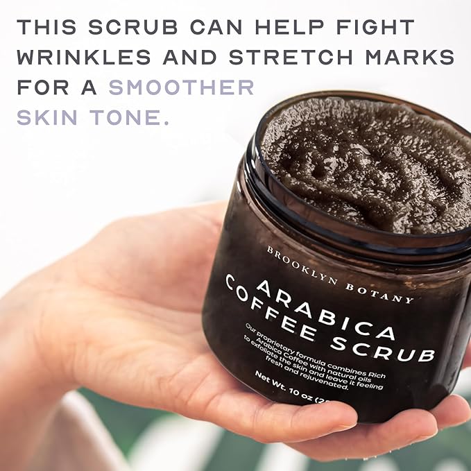 Brooklyn Botany Arabica Coffee Body Scrub - Moisturizing and Exfoliating for Body, Face, Hand, Foot - Fights Stretch Marks, Fine Lines, Wrinkles - Great Gifts for Women & Men - 10 oz