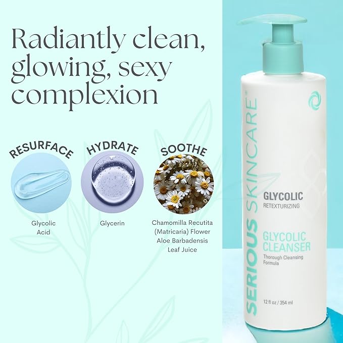Serious Skincare Glycolic Cleanser - Skin Exfoliating Face Wash - 10% Glycolic Acid - Deep Pore Purifying - Removes Makeup, Oil, Blackheads and Impurities - Shave Prep - Anti-Aging 12 Fl. Oz.