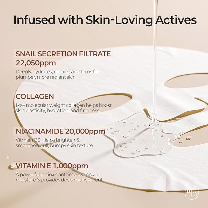 MOTHER MADE Glowing Glass Skin Hydrating Snail Deep Collagen Face Masks Set of 20 EA, with Niacinamide 2%, Vitamin E, Facial Mask for Dry, Sensitive Skin, Self Care, Korean Skincare