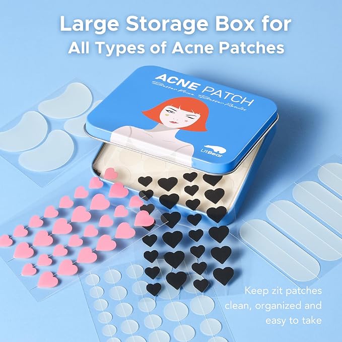 LitBear Acne Pimple Patch, 8 Sizes 140 Pcs Hydrocolloid Acne Patches with Storage Box, 24 XL Pimple Patches for Face, Chin, Nose, 4 Shapes Zits Patches for Blemish, dots with Tea Tree Oil & Cenrella