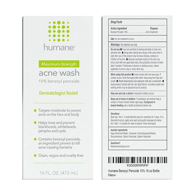 humane Benzoyl Peroxide Acne Body Wash - 10% Maximum-Strength Face, Skin, Butt, and Back Acne Treatment - 16 Fl Oz - Dermatologist-Tested Non-Foaming Acne Face Wash Cleanser - Vegan, Cruelty-Free