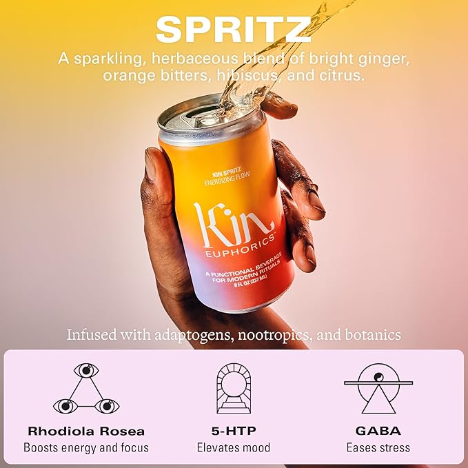 Kin Variety 16 Pack with 4 Spritz, 4 Lightwave, 4 Bloom, and 4 Actual Sunshine by Kin Euphorics, Non Alcoholic Spirits, Ready to Drink, Awaken The Mind, Calm Your Mood, and Conjure Clarity, 8 Fl Oz